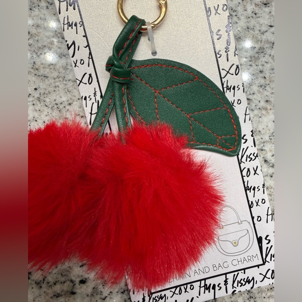 XOXO Fluffy Red Pom Pom Cherries Bag Charm and Keychain 🍒 NWT - Picture 4 of 4